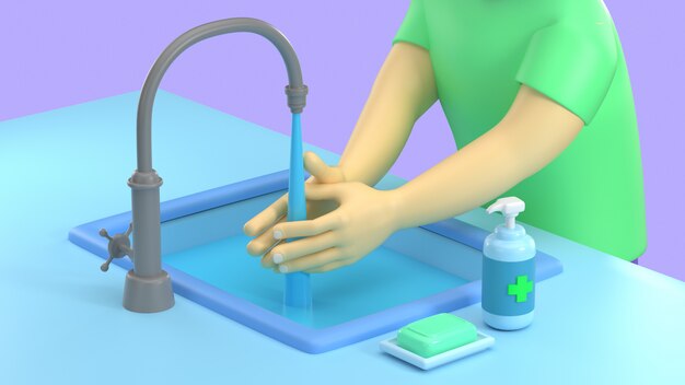 3d проиллюстрируйте молодого человека шаржа используя мыло и спирт гель для дезинфицировать руки чистки от вируса короны ncov или covid-19 избегают инфекции.