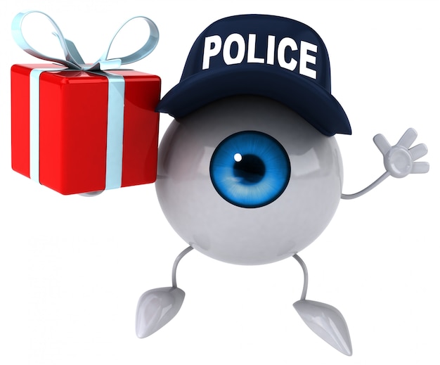 3d illustrated eye wearing a police hat and holding a present