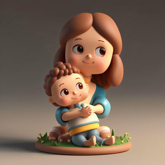 3Dイラストで描かれた可愛いミニチュアの母と子供 母の日に適しています