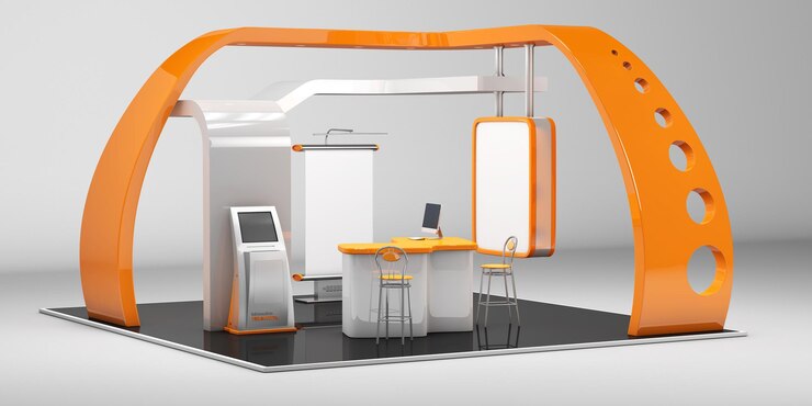 Photo 3d illustrated unique creative exhibition stand display design with table and chair, info board, roll up.