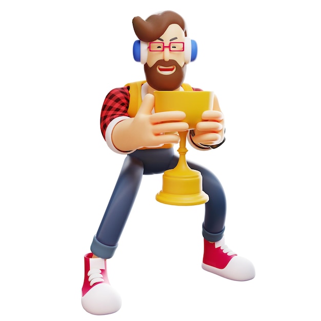 3D illustratie 3D Cartoon Man met trofee die de trofee in beide handen houdt met een glimlach