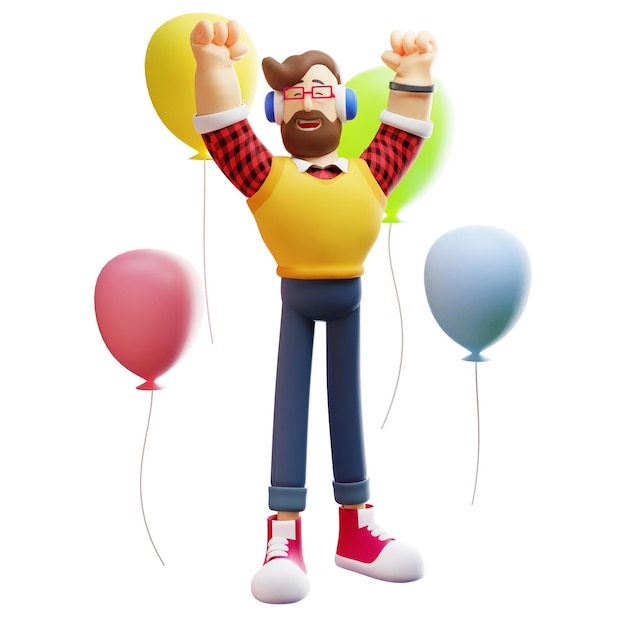 3D illustratie 3D karakter van een man met een ballon heeft veel ballonnen en steekt beide handen op