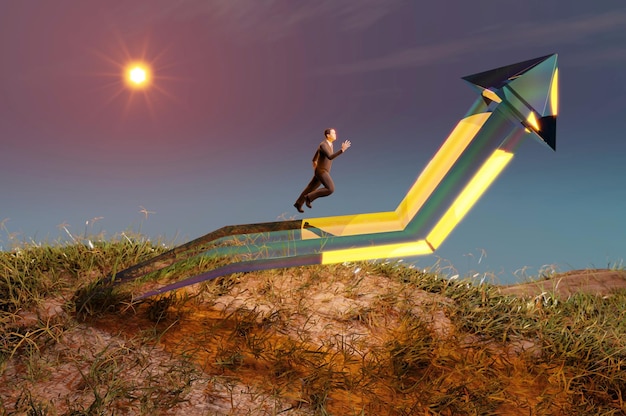 Foto 3d illustratie 3d-rendering zakenman loopt naar de top van de grafiek bedrijfsconcept van doelen succes