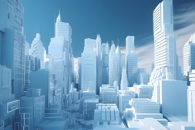 3D illustratie 3D-stijl Futuristische stad Blauwe achtergrond Metaverse Digitale wereld Online Realty in Virtual City Real Estate Market in Metaverse Generative Ai