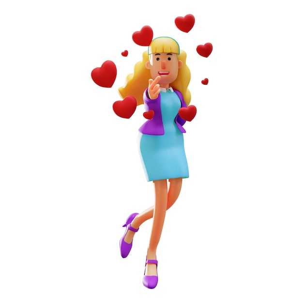 3D illustratie 3D stripfiguur zakenvrouw steken vinger liefde teken omringd door velen