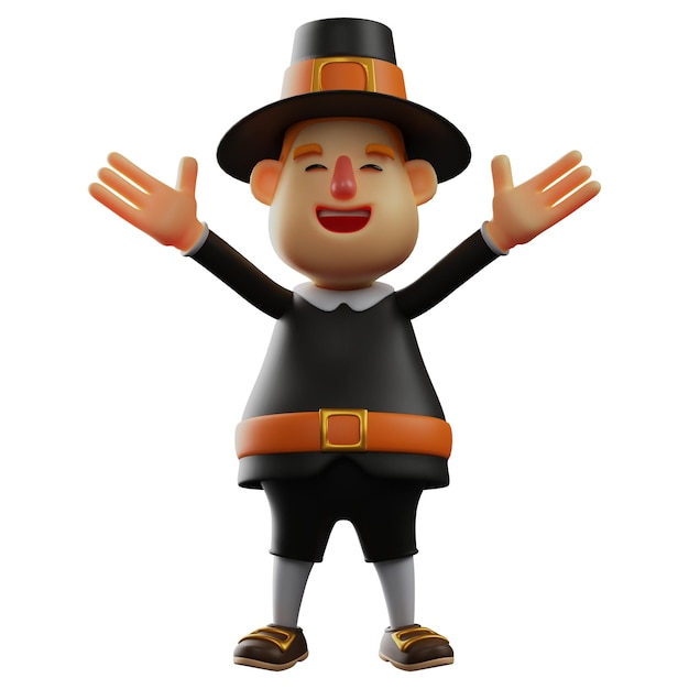 3D-illustratie 3D Warm Thanksgiving Pilgrim Man personage opent zijn armen wijd in een schattige pose