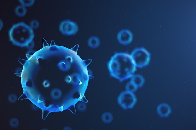 3D illustratie abstract Virus en ziektekiemen, bacteriën, cel geïnfecteerd organisme. Influenza Virus H1N1, Mexicaanse griep op abstracte achtergrond. Blauwe virussen gloeien in aantrekkelijke kleur.