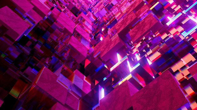 3d-illustratie Abstracte samenstelling van kubussen in neonlicht met reflecties