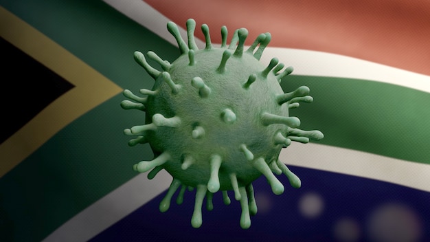 3D illustratie Afrikaanse RSA vlag zwaaien en Coronavirus 2019 nCov concept. Aziatische uitbraak in Zuid-Afrika, coronavirussen influenza als gevaarlijke griepstamgevallen als pandemie. Microscoopvirus Covid19