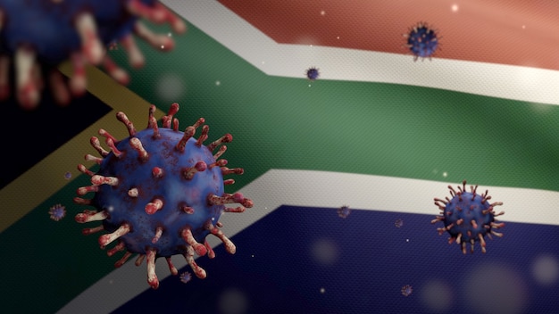 3D illustratie Afrikaanse RSA vlag zwaaien en Coronavirus 2019 nCov concept. Aziatische uitbraak in Zuid-Afrika, coronavirussen influenza als gevaarlijke griepstamgevallen als pandemie. Microscoopvirus Covid19