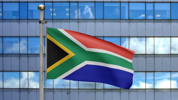 3D illustratie Afrikaanse RSA vlag zwaaien in een moderne wolkenkrabber stad. Mooie hoge toren met het spandoek van Zuid-Afrika dat zachte zijde blaast. Doek stof textuur vlag achtergrond.