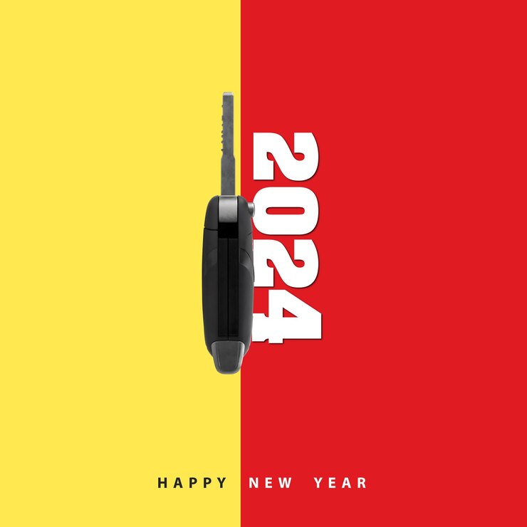 Foto 3d illustratie auto sleutel en 2023 jaar eindigend en nieuw jaar 2024 het concept van het nieuwe jaar