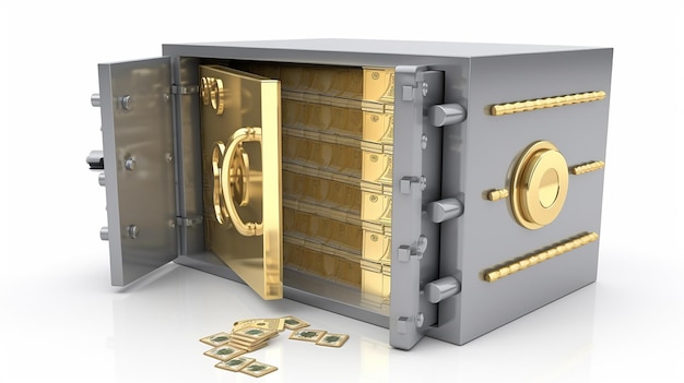 3D-illustratie Bank kluis met gouden dollarbiljetten