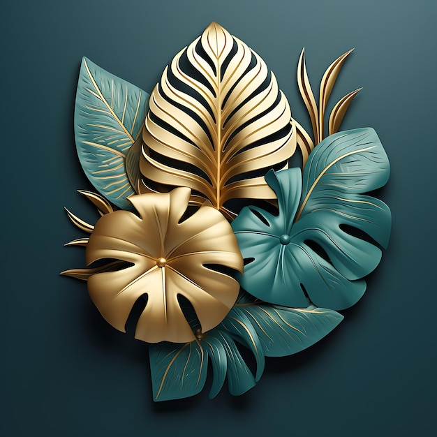 3D illustratie behang luxe bloem groen en goud