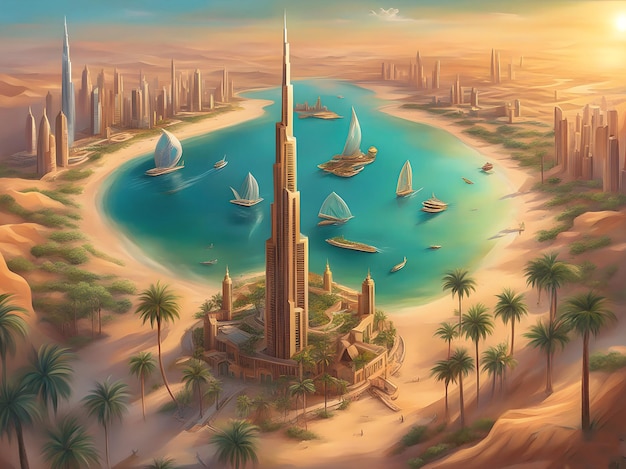 3D illustratie behang schilderij Verenigde Arabische Emiraten Dubai