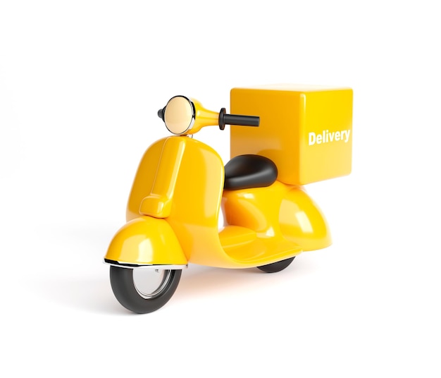 3d illustratie, bezorgservice scooter met bezorgkoffer op een witte achtergrond