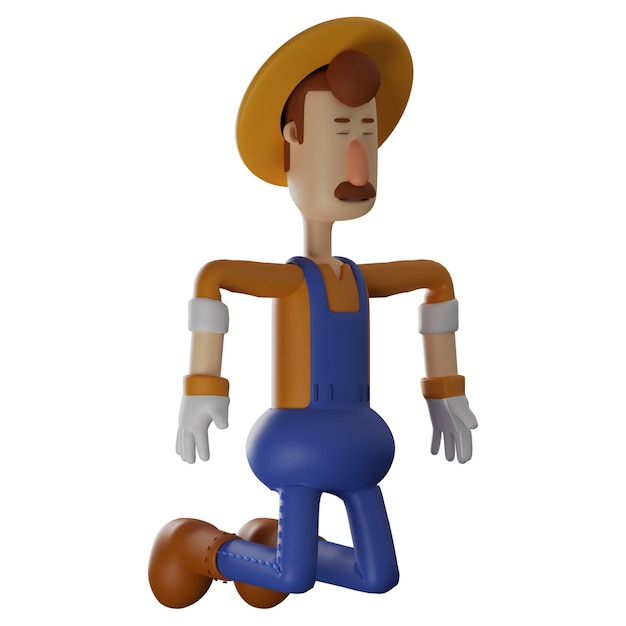 3D illustratie Boer 3D cartoon personage heeft een vreemde uitdrukking met een zittende pose kneeli