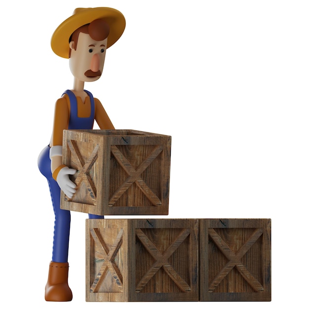 3D-illustratie Boer 3D-karakter set houten doos met een verhoogde pose die een vermoeide uitdrukking toont