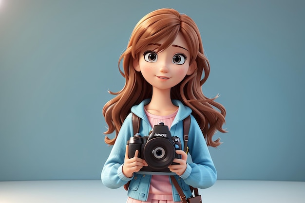 3D-illustratie Cartoon meisje 3D-personage met fotocamera