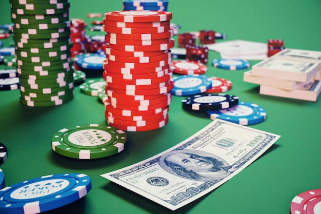 3d illustratie casinospel. chips, speelkaarten voor poker. pokerfiches, rode dobbelstenen en geld op groene tafel. online casino concept.