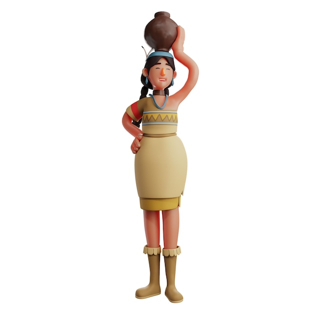 3D illustratie Charming 3D Indian Girl personage Cartoon afbeelding met kruik op het hoofd met handen op de heup