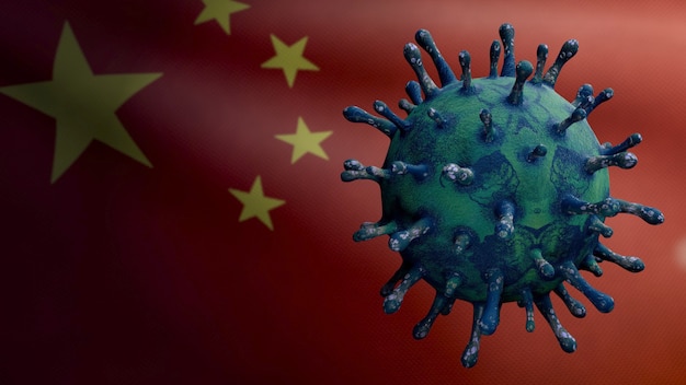 3d illustratie chinese vlag zwaaien en coronavirus 2019 ncov concept. aziatische uitbraak in china, coronavirussen griep als gevaarlijke griepstamgevallen als pandemie. microscoop virus covid19 close-up.