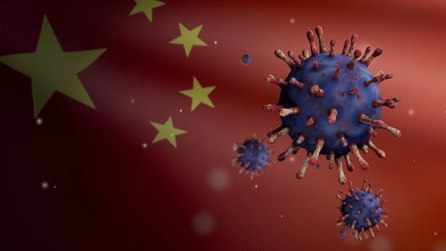 3D illustratie Chinese vlag zwaaien en Coronavirus 2019 nCov concept. Aziatische uitbraak in China, coronavirussen griep als gevaarlijke griepstamgevallen als pandemie. Microscoop virus Covid19 close-up.