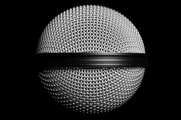 Foto 3d illustratie close-up van een metalen microfoon op een zwarte achtergrond