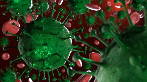 3d illustratie coronavirus covid19-virus onder microscoop in bloedmonster