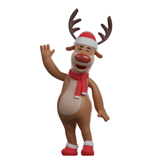 3D illustratie Cute Cartoon Christmas Rendier 3D Karakter zwaaien met kerst sjaal en muts