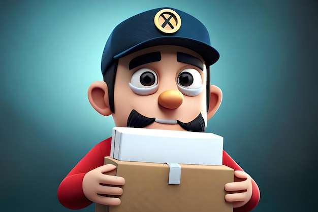 Foto 3d-illustratie delivery man met een kartonnen doos delivery delivery services concept