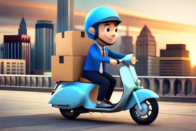 3d-illustratie Delivery man op scooter met kartonnen doos levering 3d-rendering