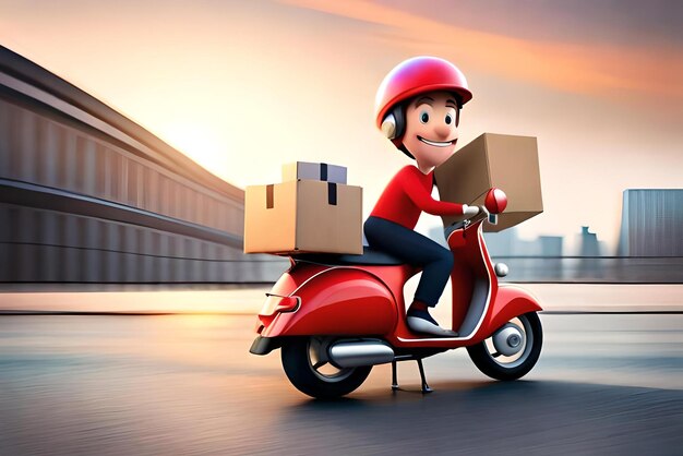 3d-illustratie Delivery man op scooter met kartonnen doos levering 3d-rendering