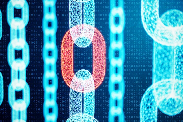 3D illustratie digitale blokketen code. Kettingschakels netwerk. Lage veelhoekige raster van driehoeken gloeien in blauwe stip netwerk, abstracte achtergrond. Concept van netwerk, internetcommunicatie.