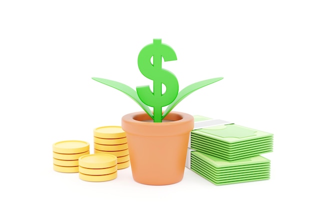 3D illustratie Dollarboom in plantpot met bankbiljet en munten. Rijkdom concept