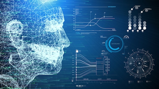 3D illustratie draadframe menselijk AI-systeem en infographic informatiescanner HUD-interface op blauwe achtergrond.