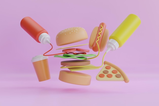 3D illustratie Een arrangement van fast food zoals hamburger, een hotdog, een pizza, een koffie op een paarse