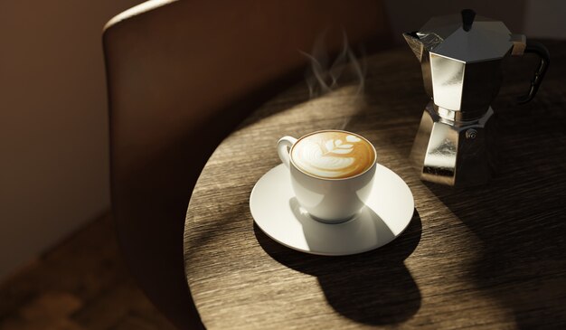 3D illustratie Een kopje koffie latte op houten tafel met ochtendvensters licht