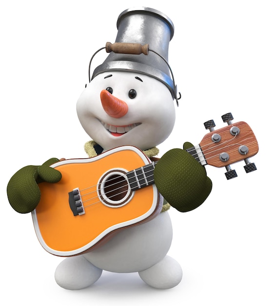 3d illustratie Een vrolijke sneeuwman met een gitaar en een emmer op zijn hoofd viert het nieuwe jaar