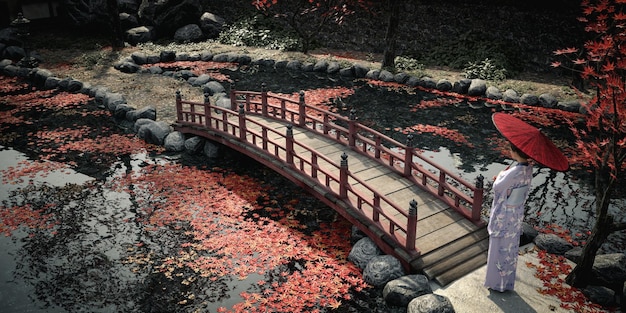 3d illustratie Een vrouw in een kimono die met een paraplu in een Japanse stijltuin loopt