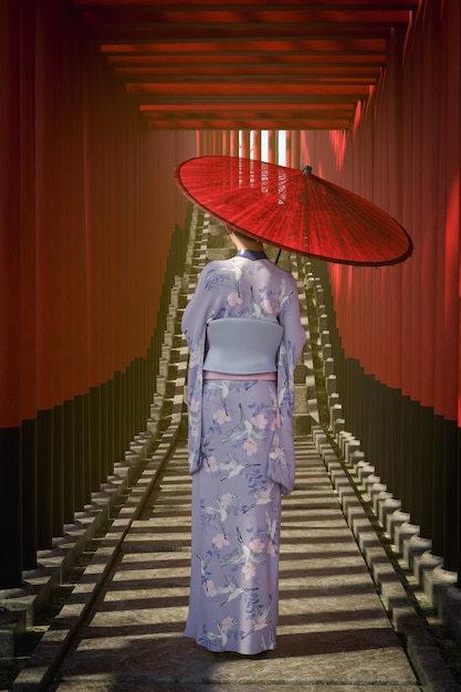Foto 3d illustratie een vrouw in een kimono die met een paraplu in torii-poorttunnel loopt