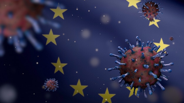 3D illustratie Europese Unie vlag zwaaien en Coronavirus 2019 nCov concept. Uitbraak in Europa, coronavirussen griep als gevaarlijke griepstamgevallen als pandemie. Microscoopvirus Covid 19