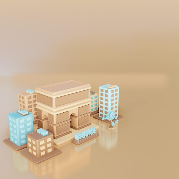 3D illustratie Frankrijk uitzicht op de stad en de Arc de Triomphe als oriëntatiepunt en eenvoudig gebouw rond