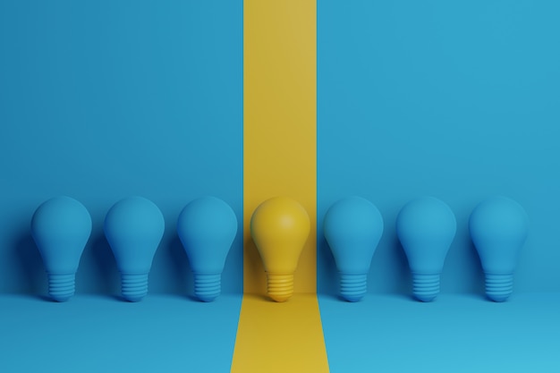 3d illustratie gele gloeilamp uitstekend onder blauwe gloeilamp op blauwe achtergrond