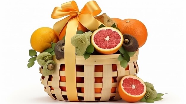 Foto 3d-illustratie geschenk mandje wicker geschenk vol fruit