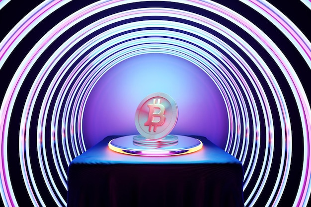 3D illustratie gouden bitcoin munt op cirkel podium Cryptocurrency bitcoin symbool