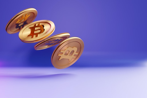 3D illustratie gouden bitcoin munt vliegen op een paarse achtergrond. Bitcoin-symbool in cryptocurrency