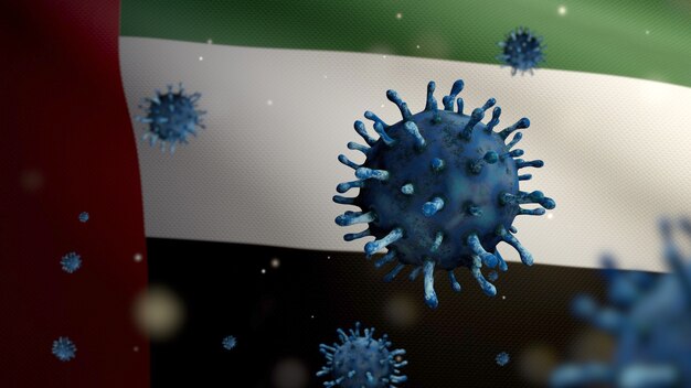 3d illustratie griep coronavirus zweeft over de vlag van de verenigde arabische emiraten, ziekteverwekker valt de luchtwegen aan. vae-banner zwaaien met pandemisch covid19-virusinfectieconcept. vlag van echte stoftextuur