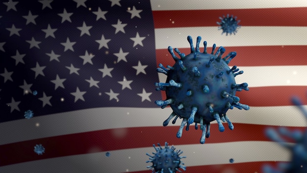 3d illustratie griep coronavirus zwevend boven de amerikaanse vlag. usa banner zwaaien met pandemie van covid19 virusinfectie concept. close up van echte stof textuur vlag