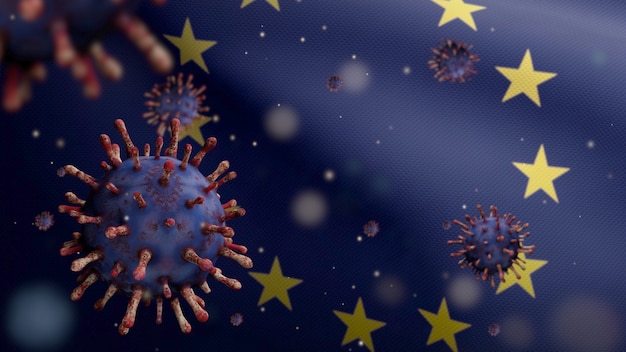 3D illustratie Griep coronavirus zwevend boven de vlag van de Europese Unie, ziekteverwekker valt de luchtwegen aan. Europa banner zwaaien pandemie Covid 19 virusinfectie concept. Vlag van stoftextuur